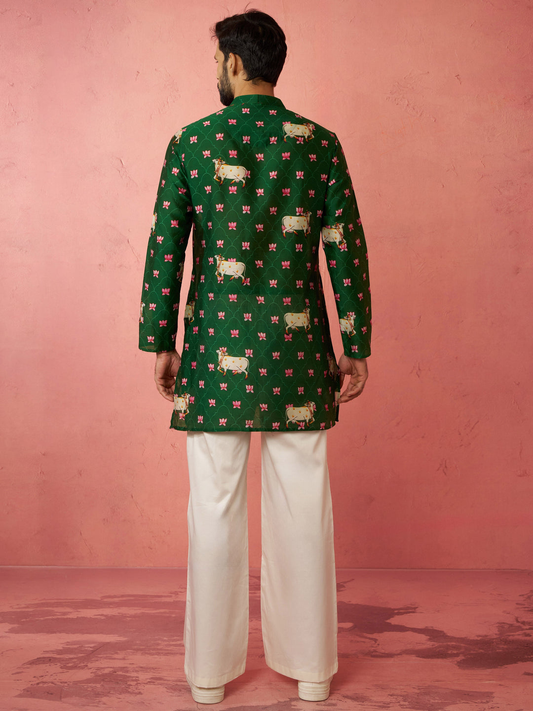 Men's Green Digital Print Kurta with Cream Satin Palazzo