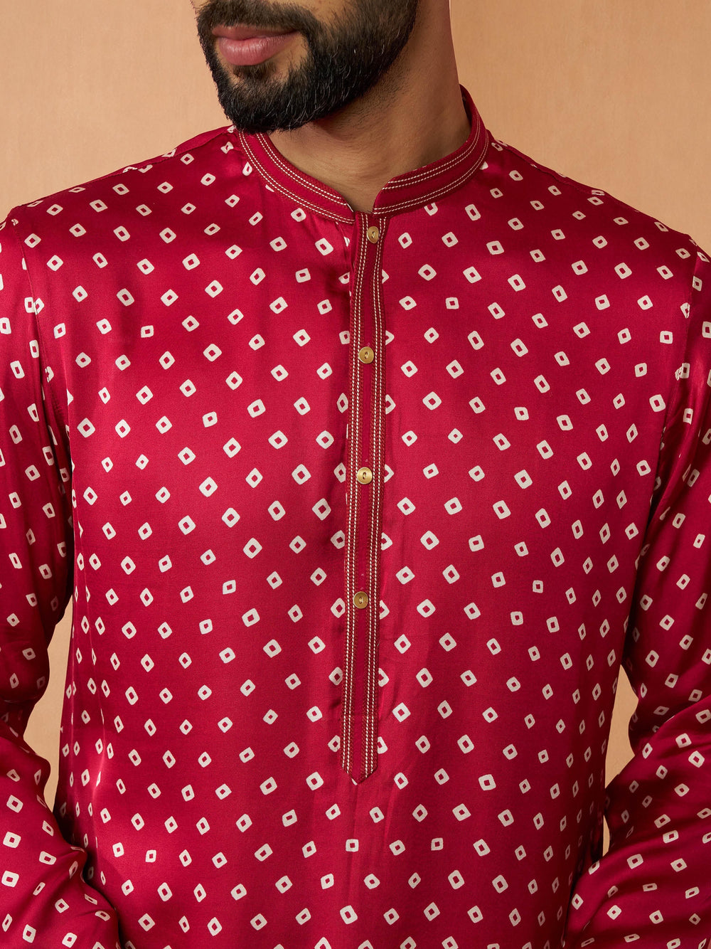 Men's Maroon Silk Blend Geometric Print Knee-Length Kurta with Wide Leg Pant