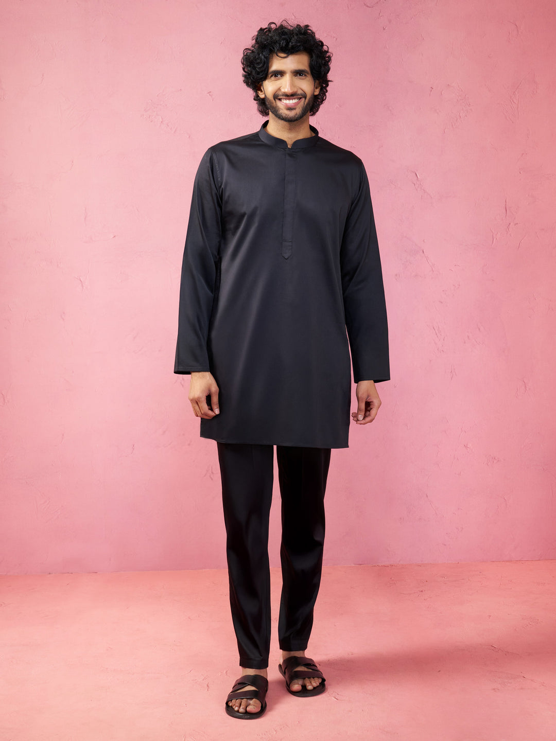 Men's Black Fine Satin Kurta Set with Matching Pant