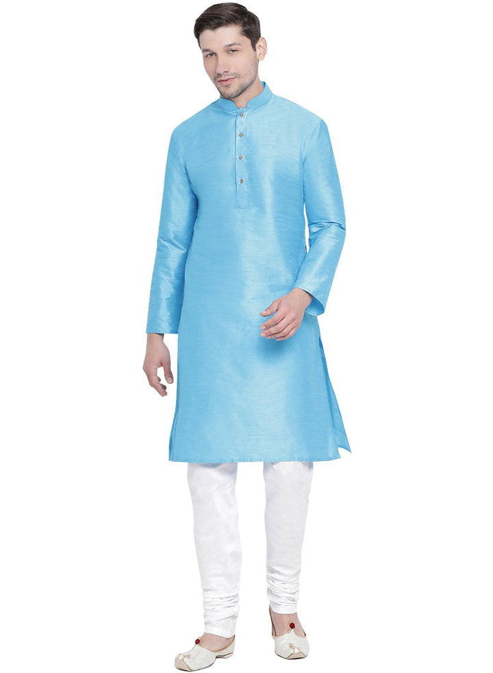 Sarvati Men's Light Blue Cotton Silk Blend Kurta and Pyjama Set