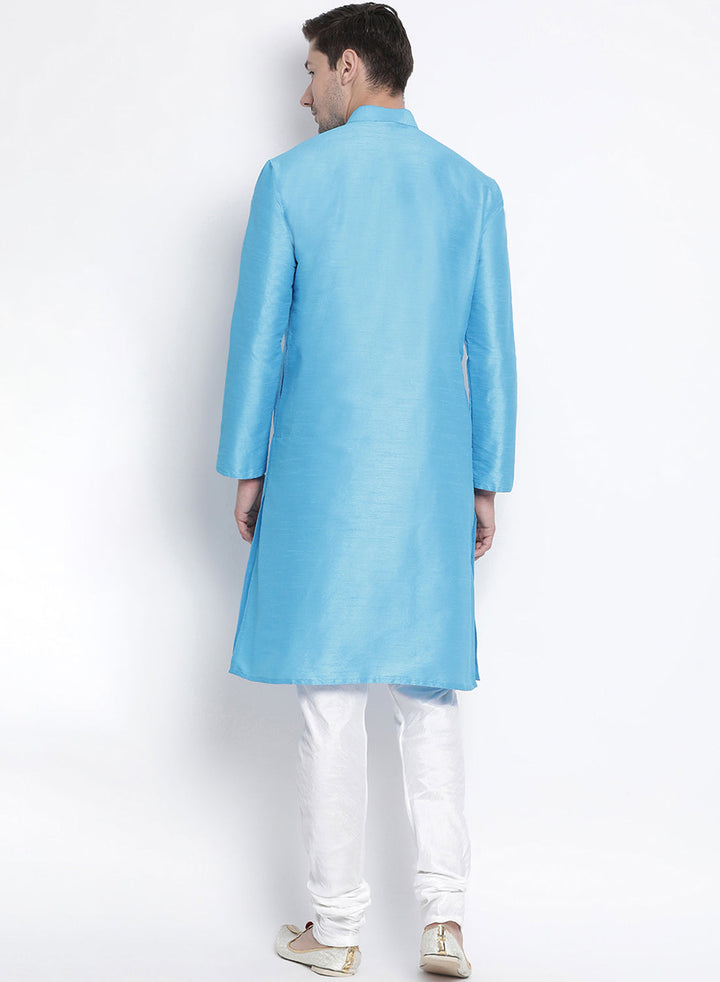 Sarvati Men's Light Blue Cotton Silk Blend Kurta and Pyjama Set