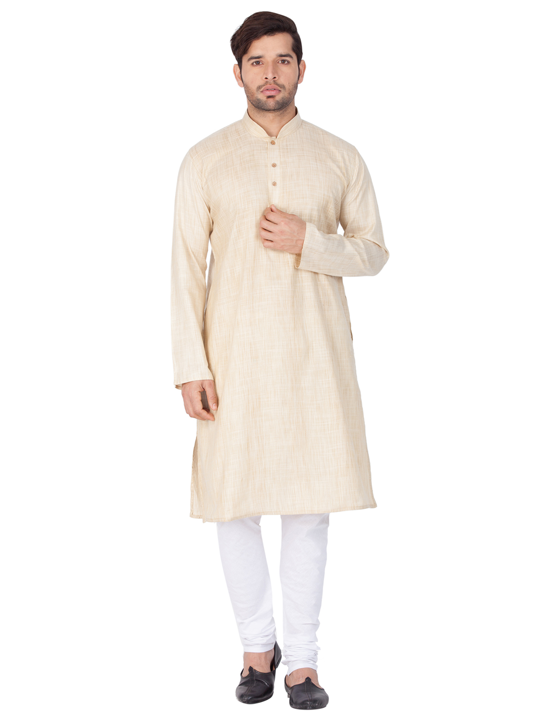 Sarvati Men's Beige Cotton Blend Kurta and Pyjama Set