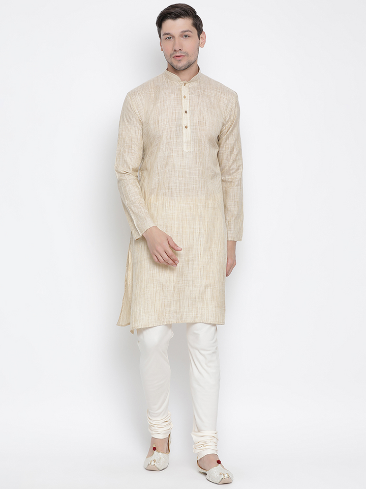 Sarvati Men's Beige Cotton Blend Kurta and Pyjama Set