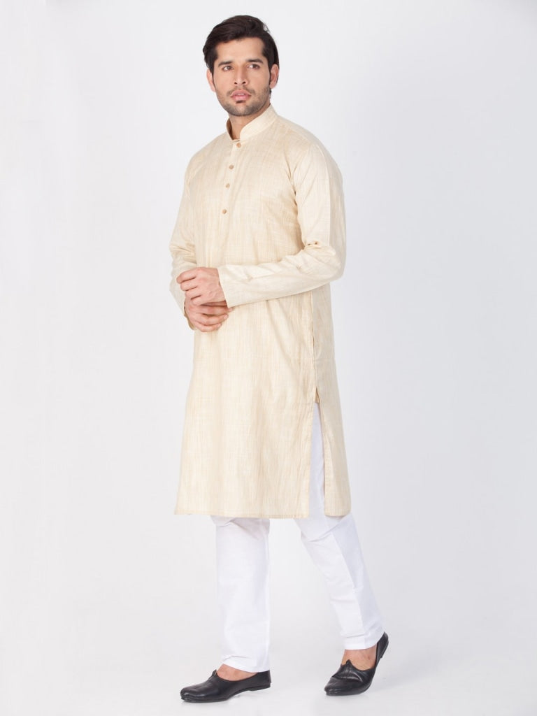 Sarvati Men's Beige Cotton Blend Kurta and Pyjama Set