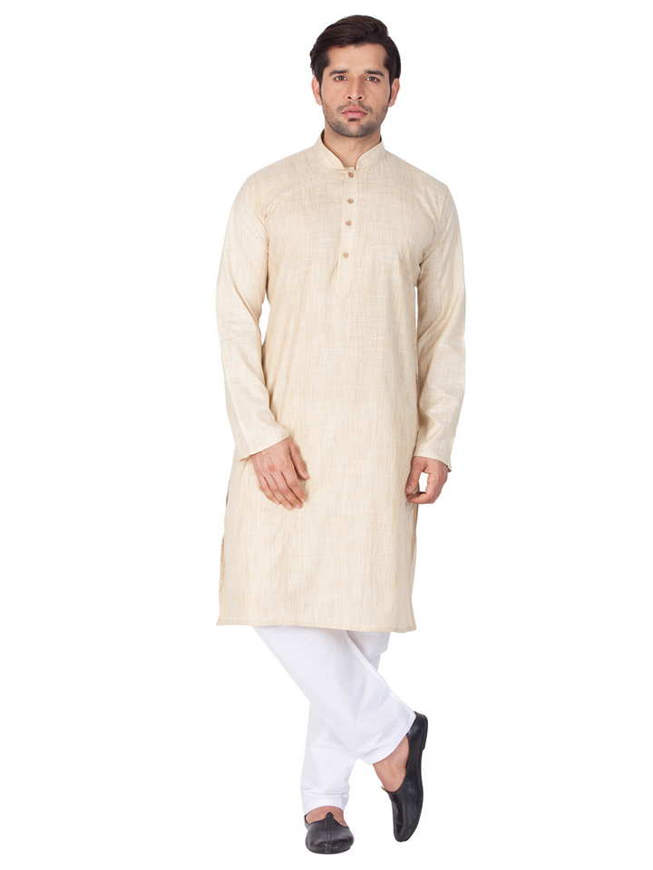 Sarvati Men's Beige Cotton Blend Kurta and Pyjama Set