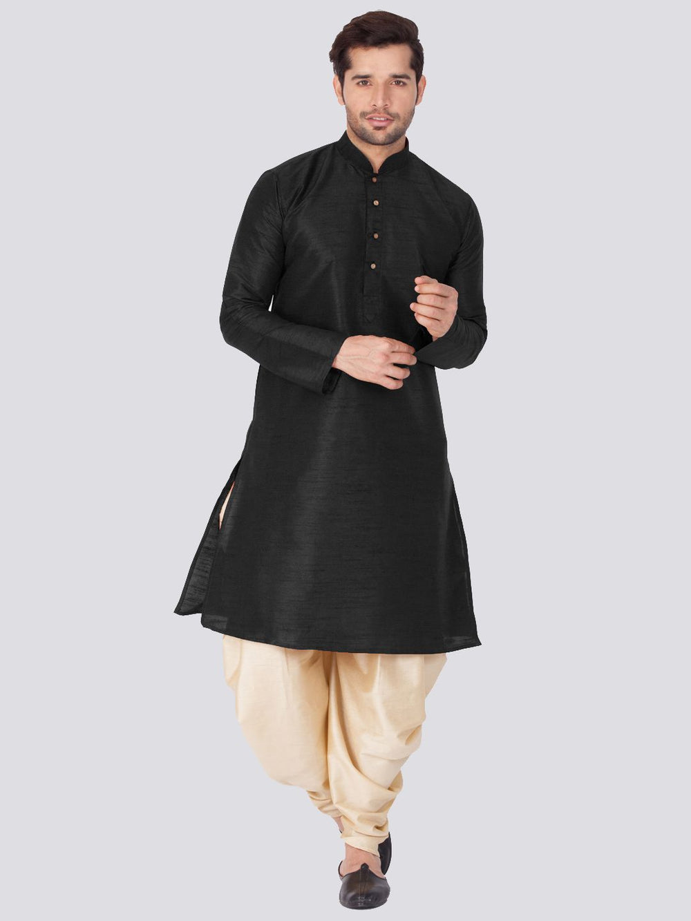 Sarvati Men's Black Cotton Silk Blend Kurta and Dhoti Pant Set