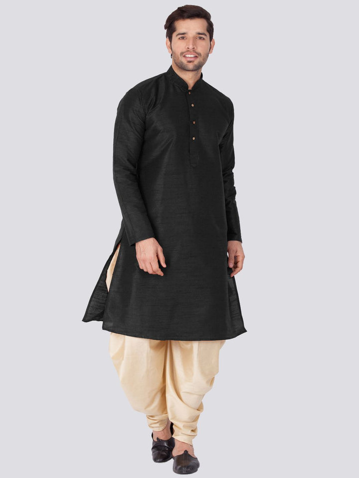 Sarvati Men's Black Cotton Silk Blend Kurta and Dhoti Pant Set