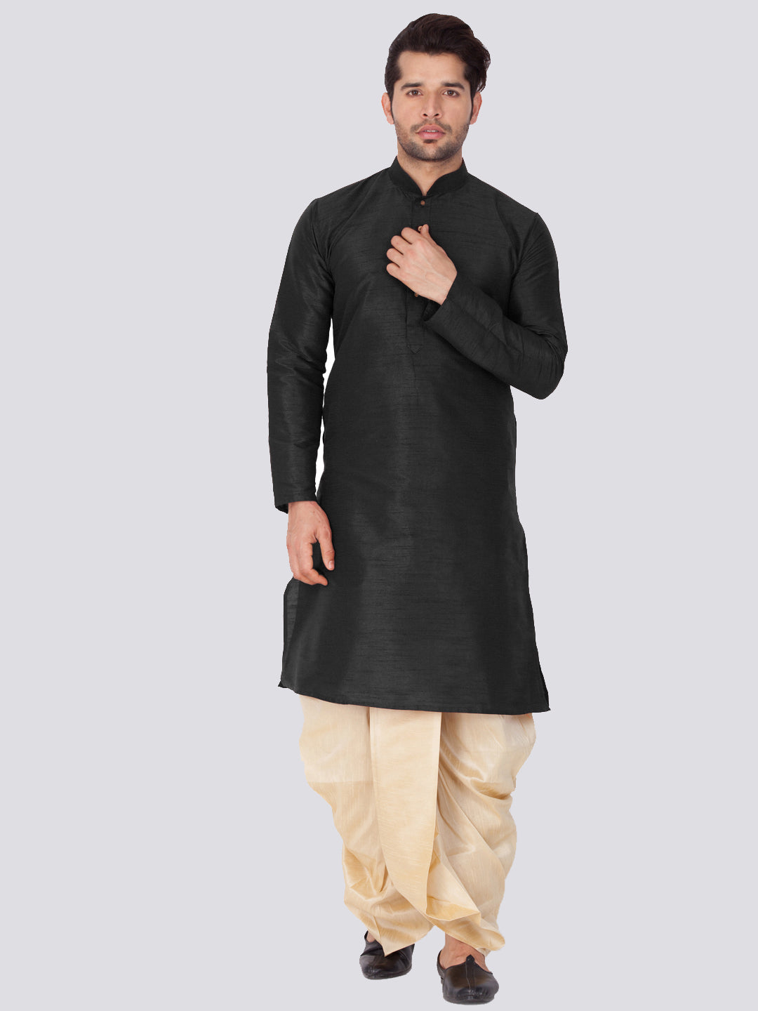 Sarvati Men's Black Cotton Silk Blend Kurta and Dhoti Pant Set