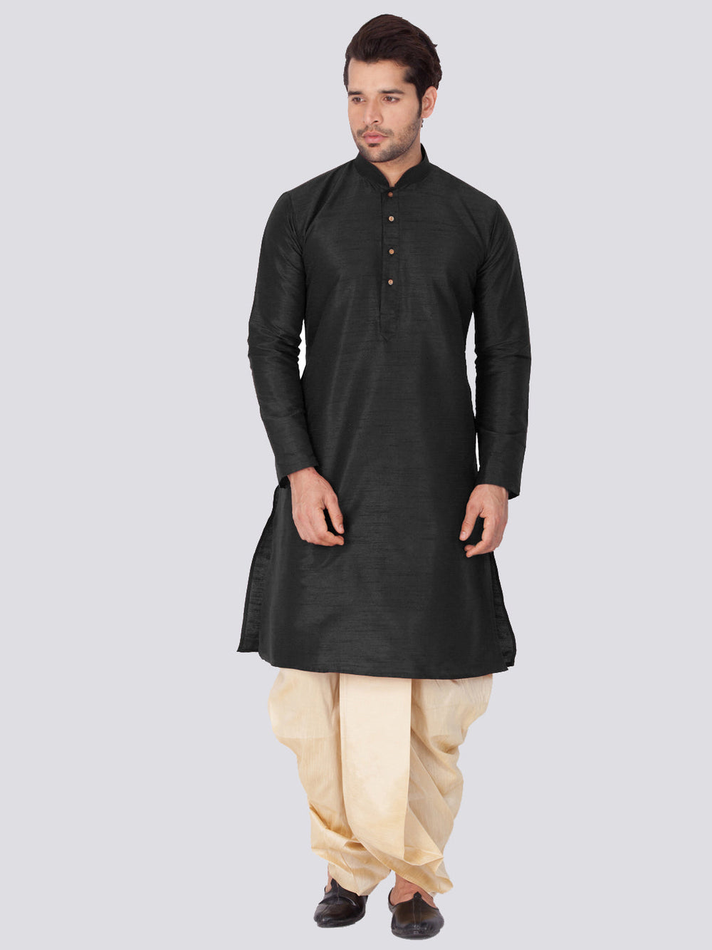 Sarvati Men's Black Cotton Silk Blend Kurta and Dhoti Pant Set