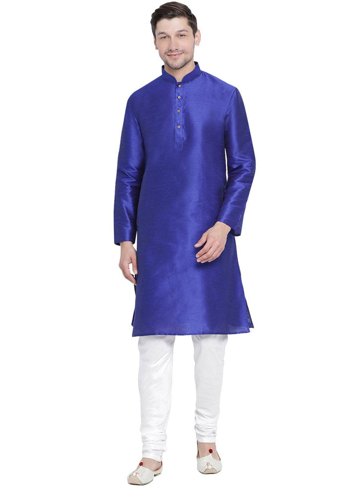 Sarvati Men's Blue Cotton Silk Blend Kurta and Pyjama Set