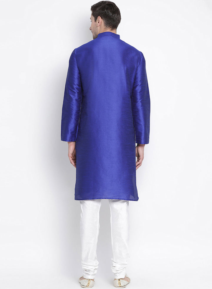 Sarvati Men's Blue Cotton Silk Blend Kurta and Pyjama Set