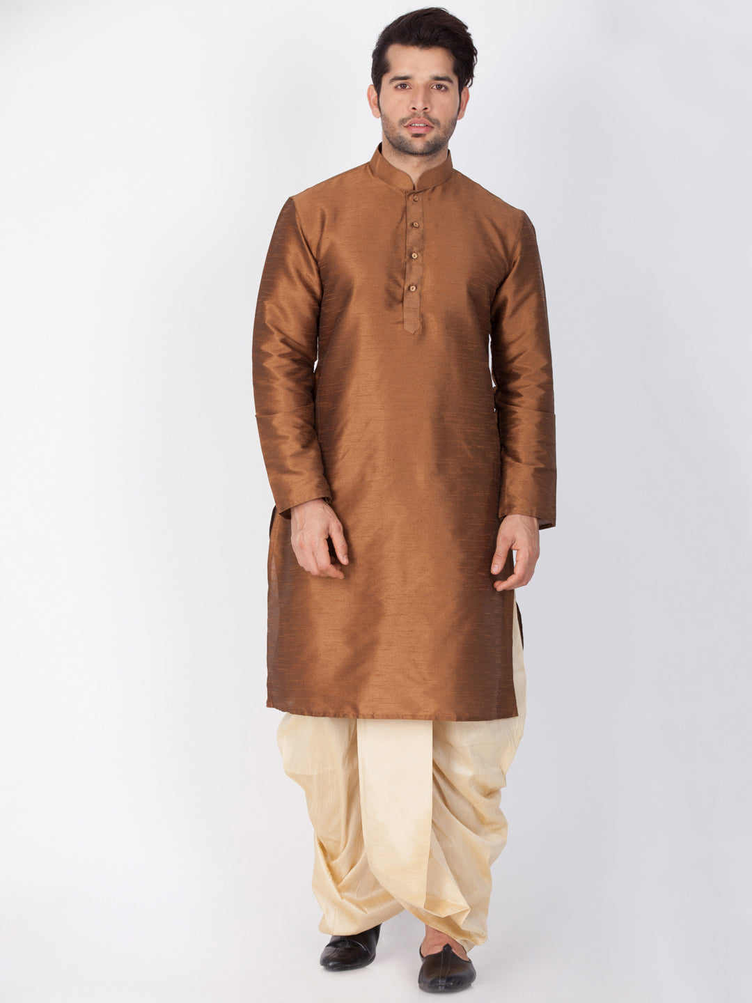 Sarvati Men's Brown Cotton Silk Blend Kurta and Dhoti Pant Set