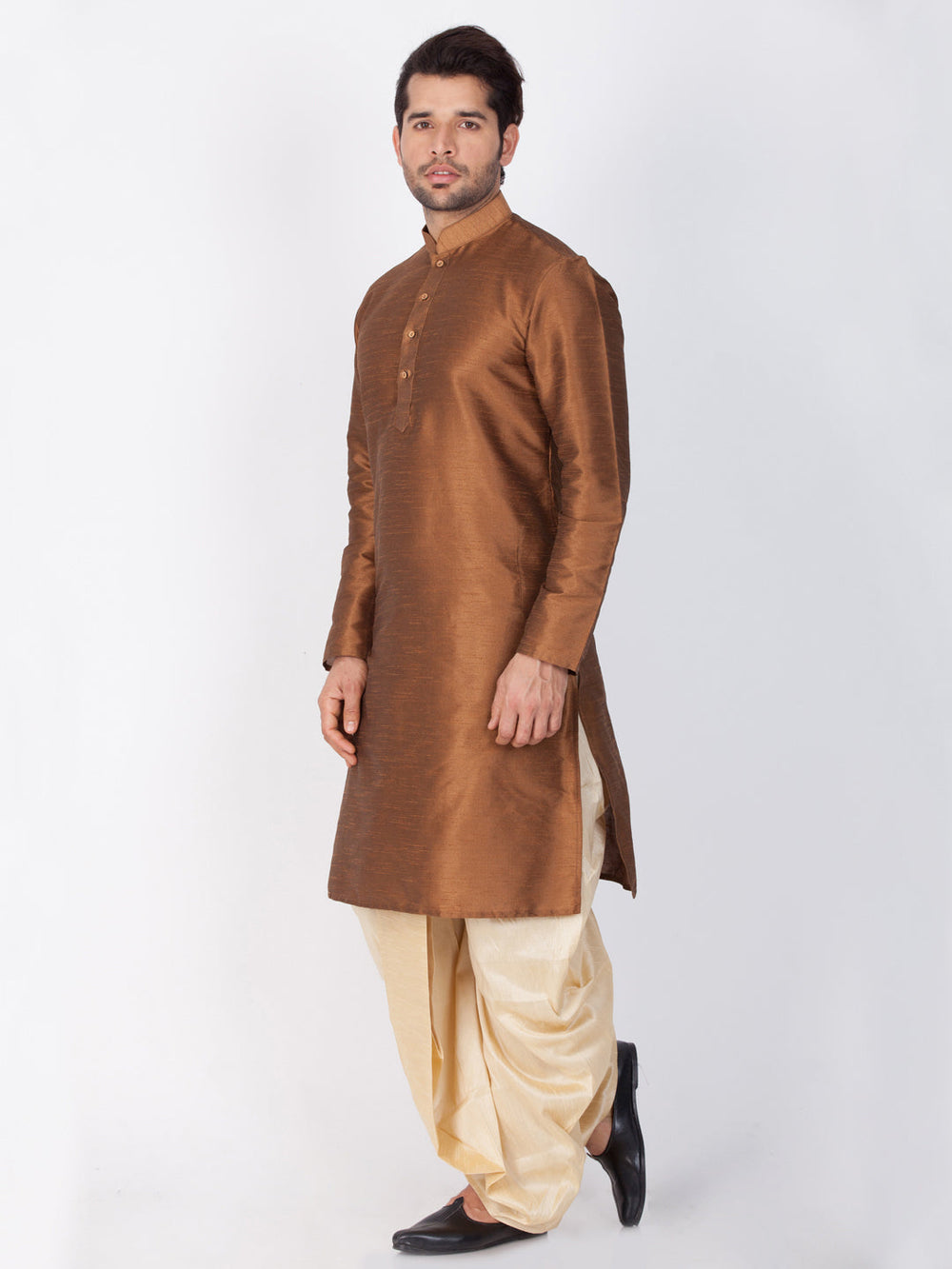 Sarvati Men's Brown Cotton Silk Blend Kurta and Dhoti Pant Set