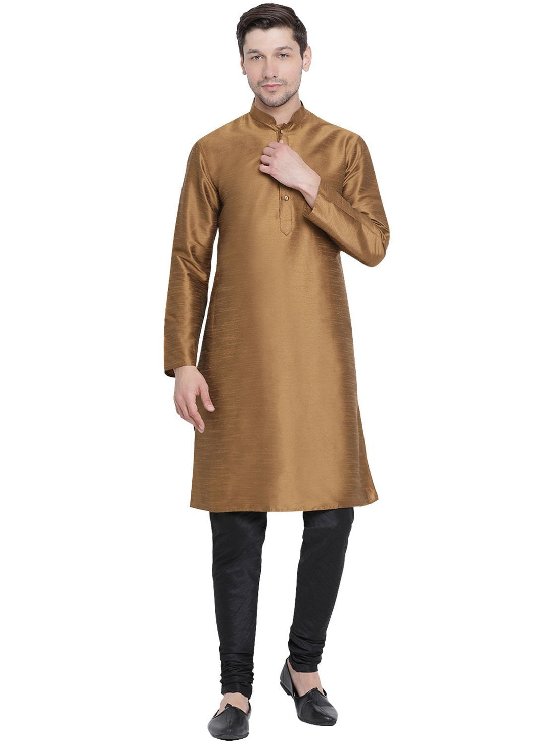 Sarvati Men's Brown Cotton Silk Blend Kurta and Pyjama Set