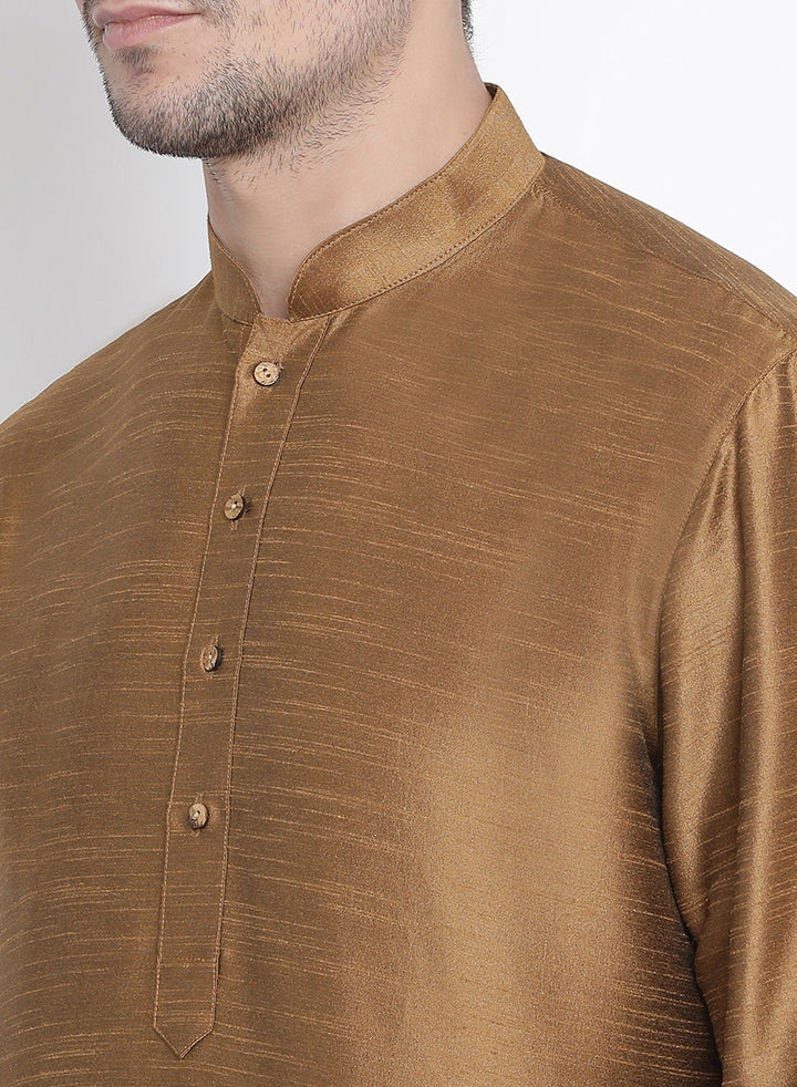 Sarvati Men's Brown Cotton Silk Blend Kurta and Pyjama Set