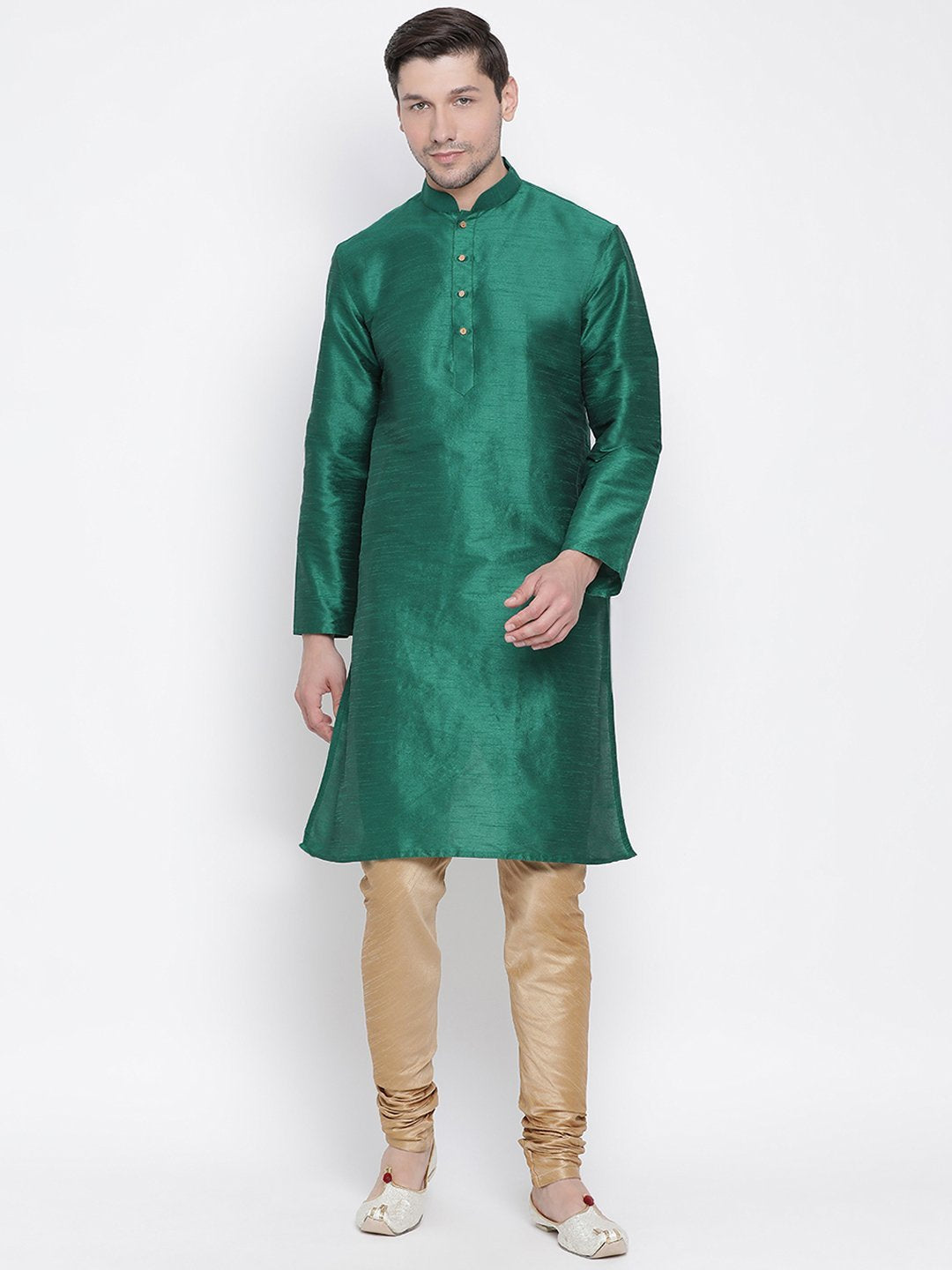 Sarvati Men's Green Cotton Silk Blend Kurta and Pyjama Set