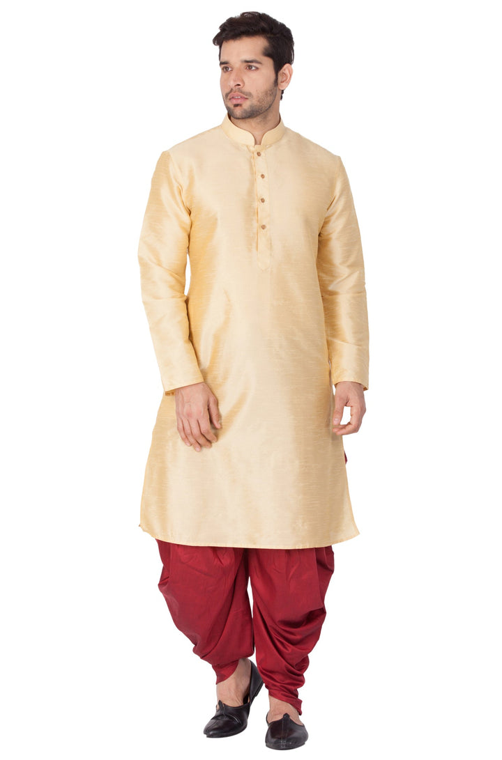 Sarvati Men's Gold Cotton Silk Blend Kurta and Dhoti Pant Set