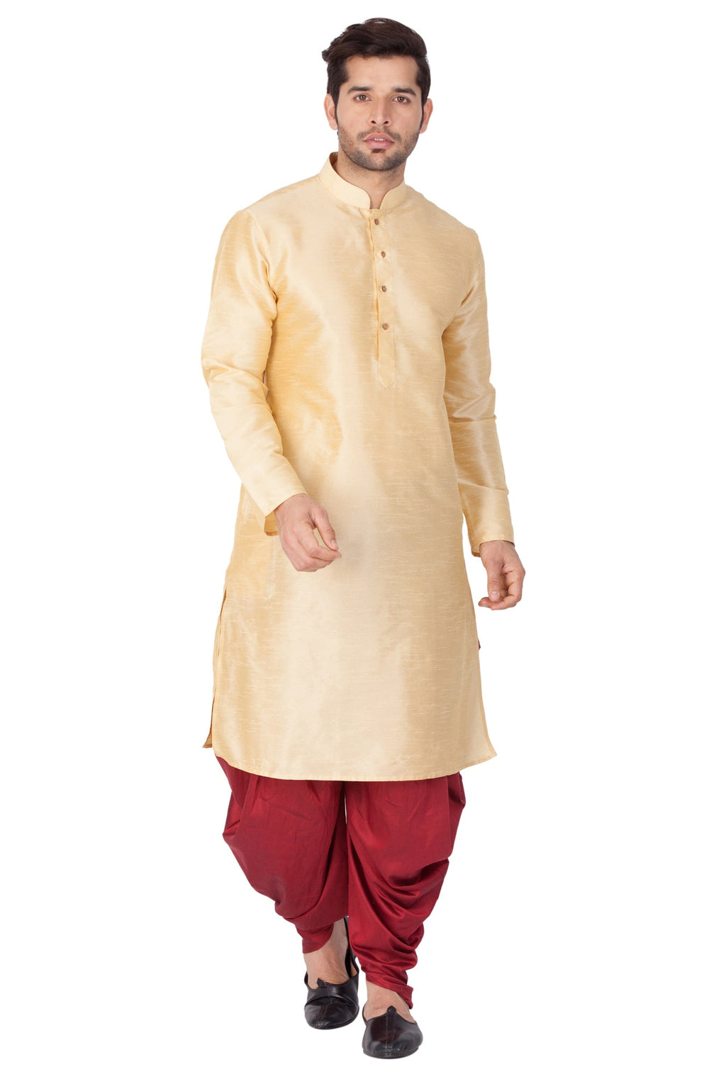 Sarvati Men's Gold Cotton Silk Blend Kurta and Dhoti Pant Set