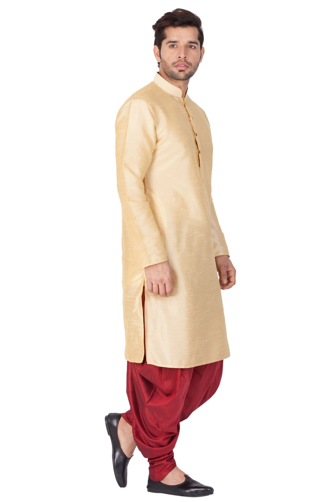 Sarvati Men's Gold Cotton Silk Blend Kurta and Dhoti Pant Set