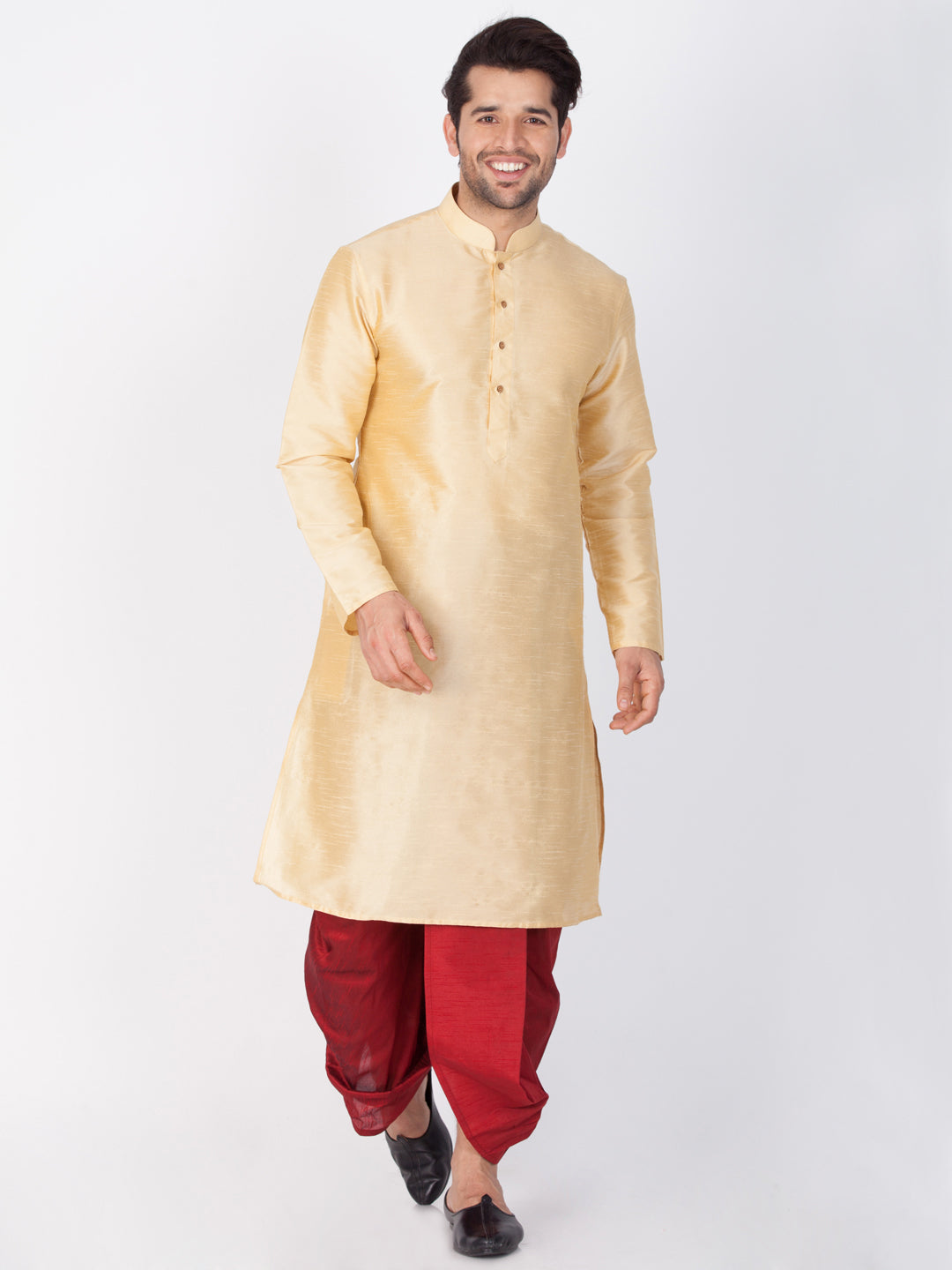 Sarvati Men's Gold Cotton Silk Blend Kurta and Dhoti Pant Set