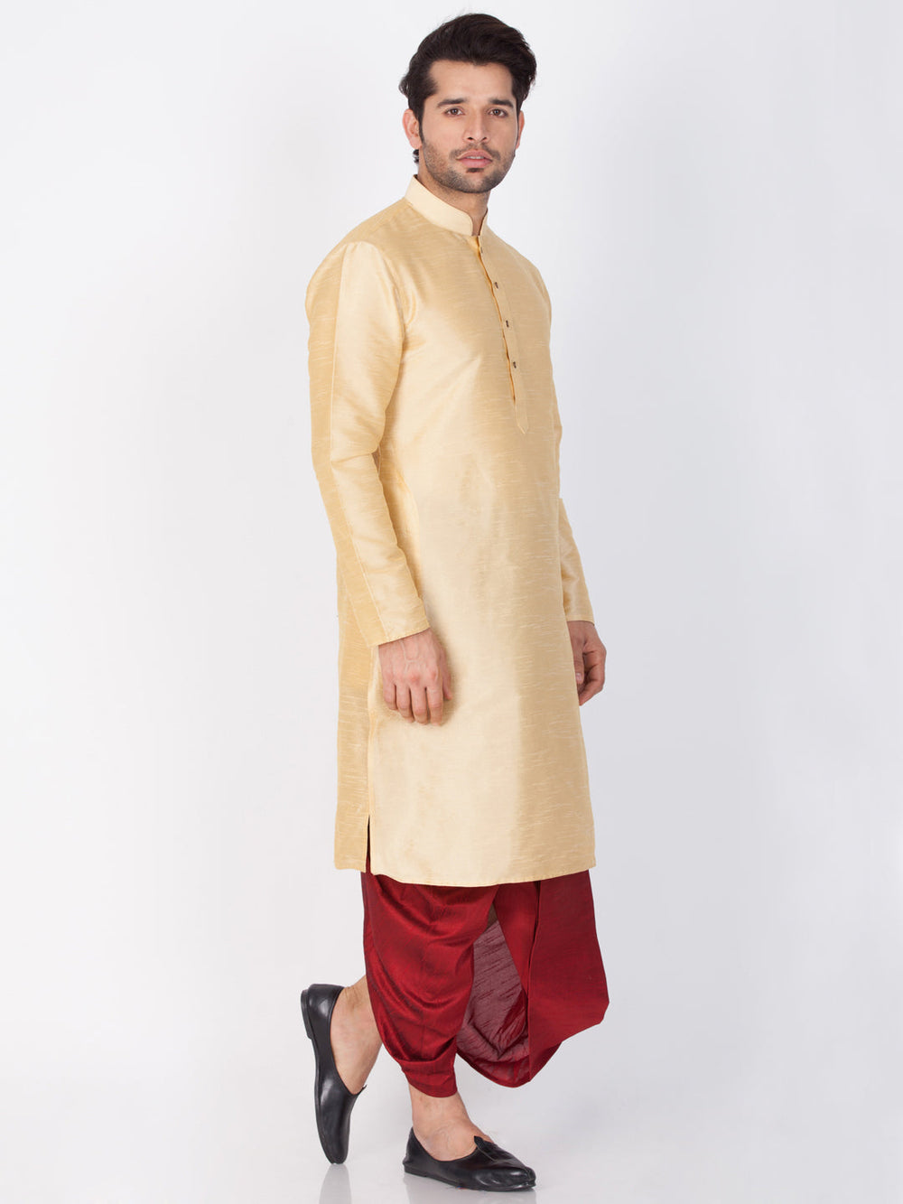 Sarvati Men's Gold Cotton Silk Blend Kurta and Dhoti Pant Set