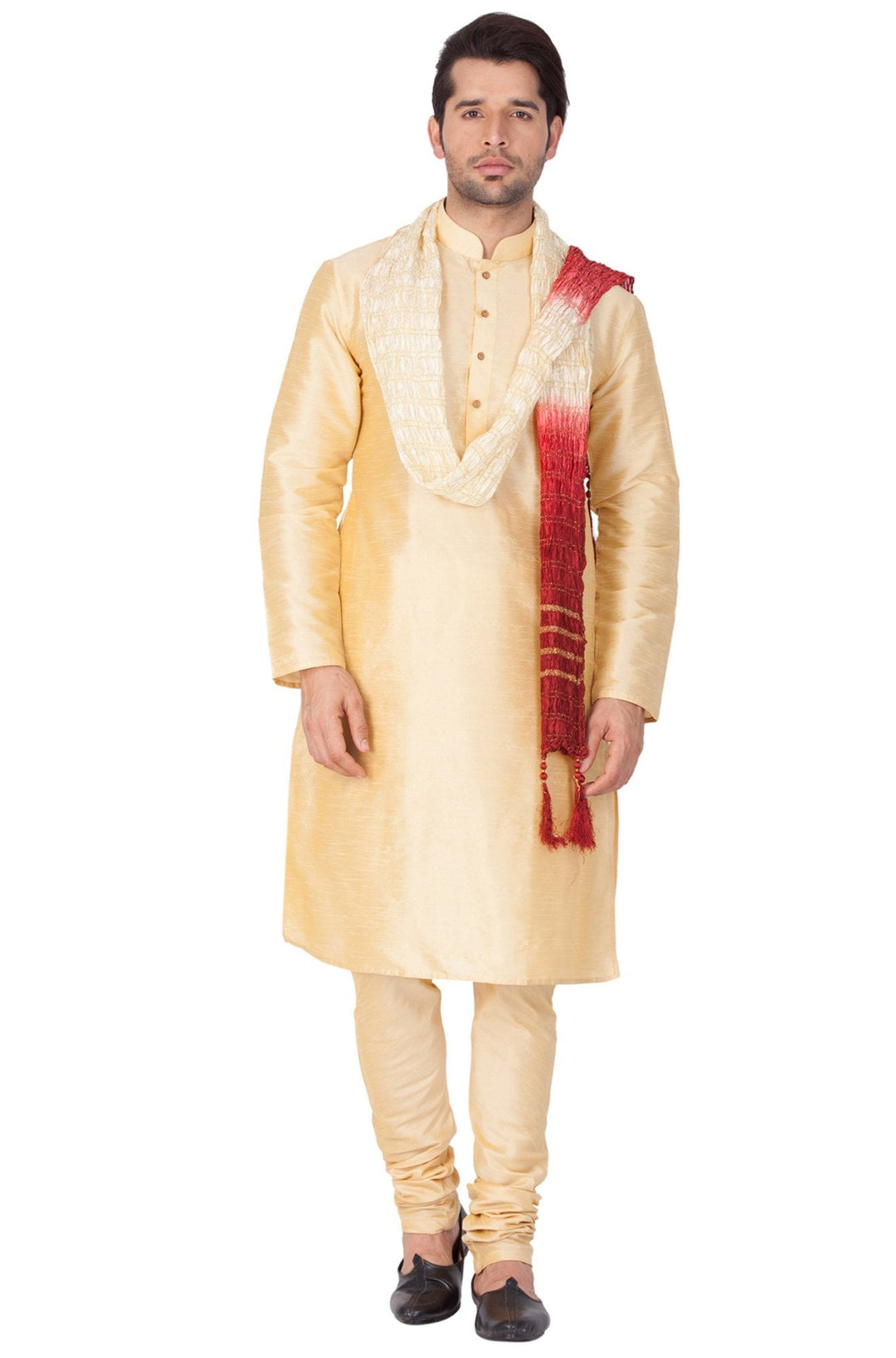 Sarvati Men's Gold Cotton Silk Blend Kurta, Pyjama & Dupatta Set