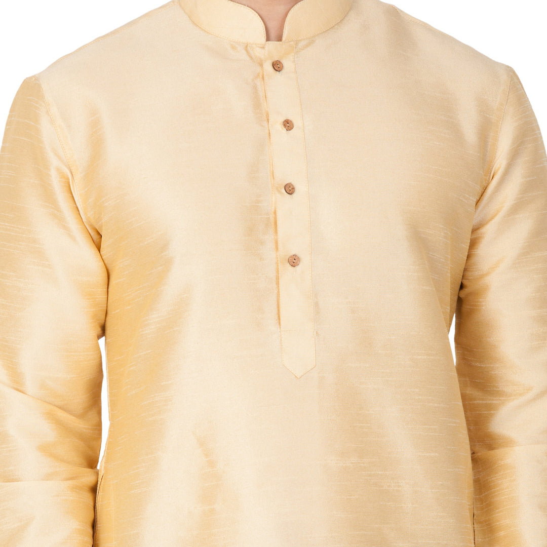 Sarvati Men's Gold Cotton Silk Blend Kurta, Pyjama & Dupatta Set