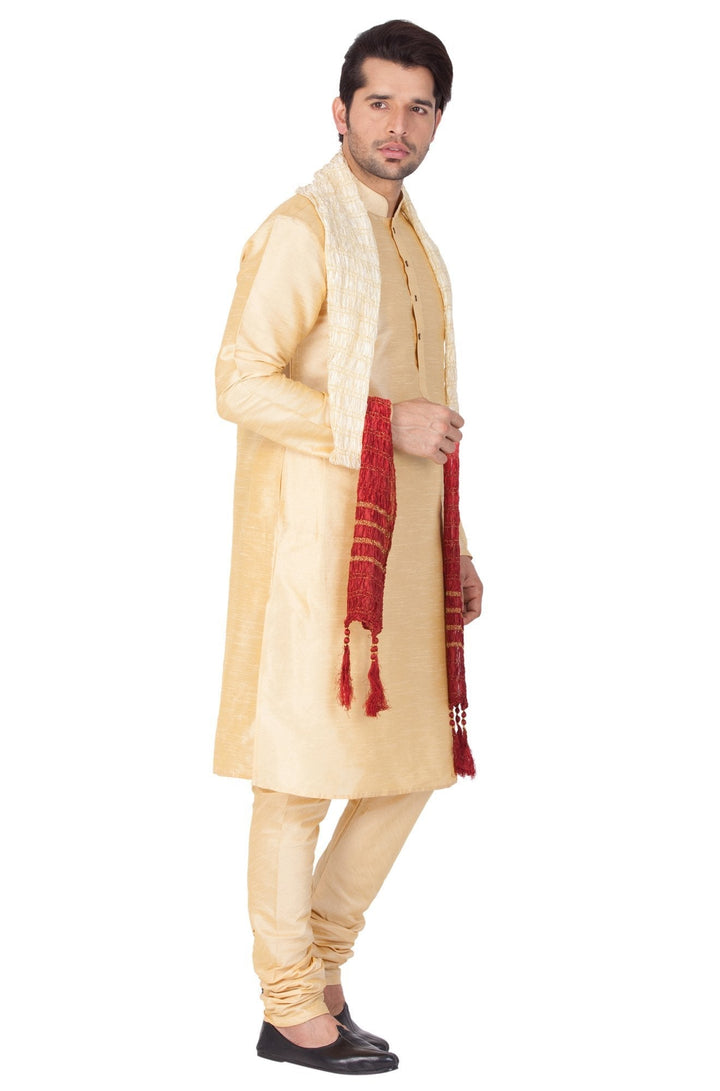 Sarvati Men's Gold Cotton Silk Blend Kurta, Pyjama & Dupatta Set