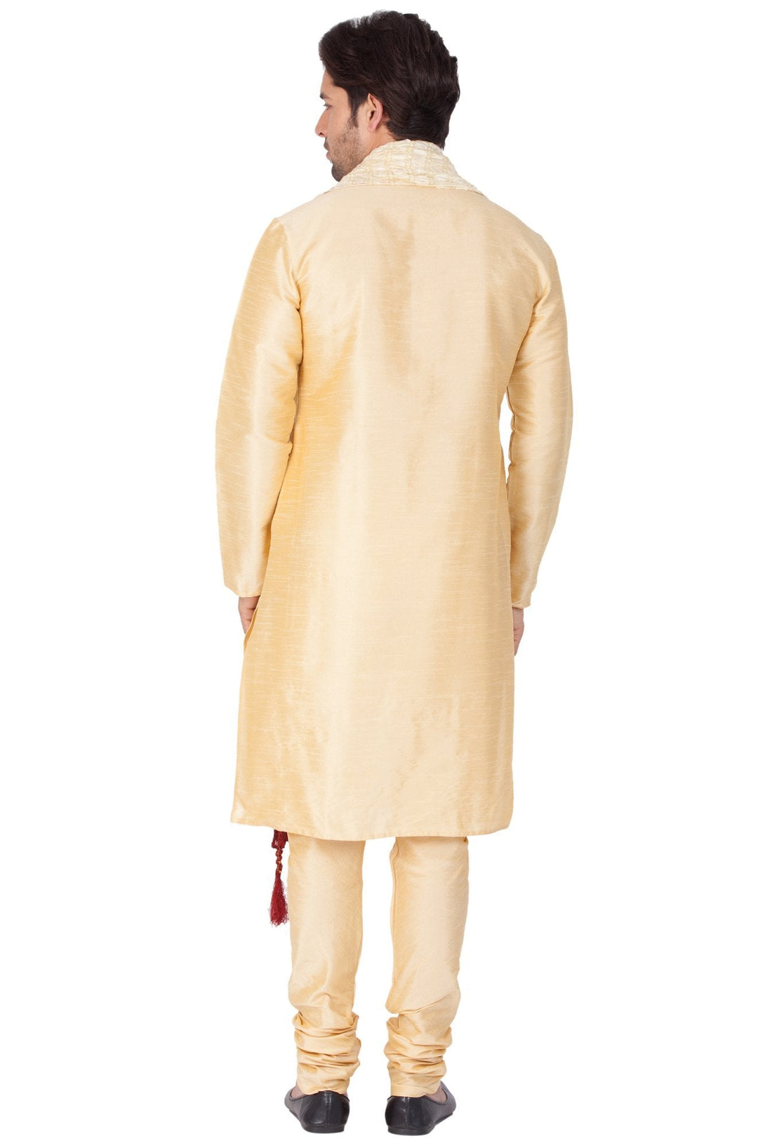 Sarvati Men's Gold Cotton Silk Blend Kurta, Pyjama & Dupatta Set