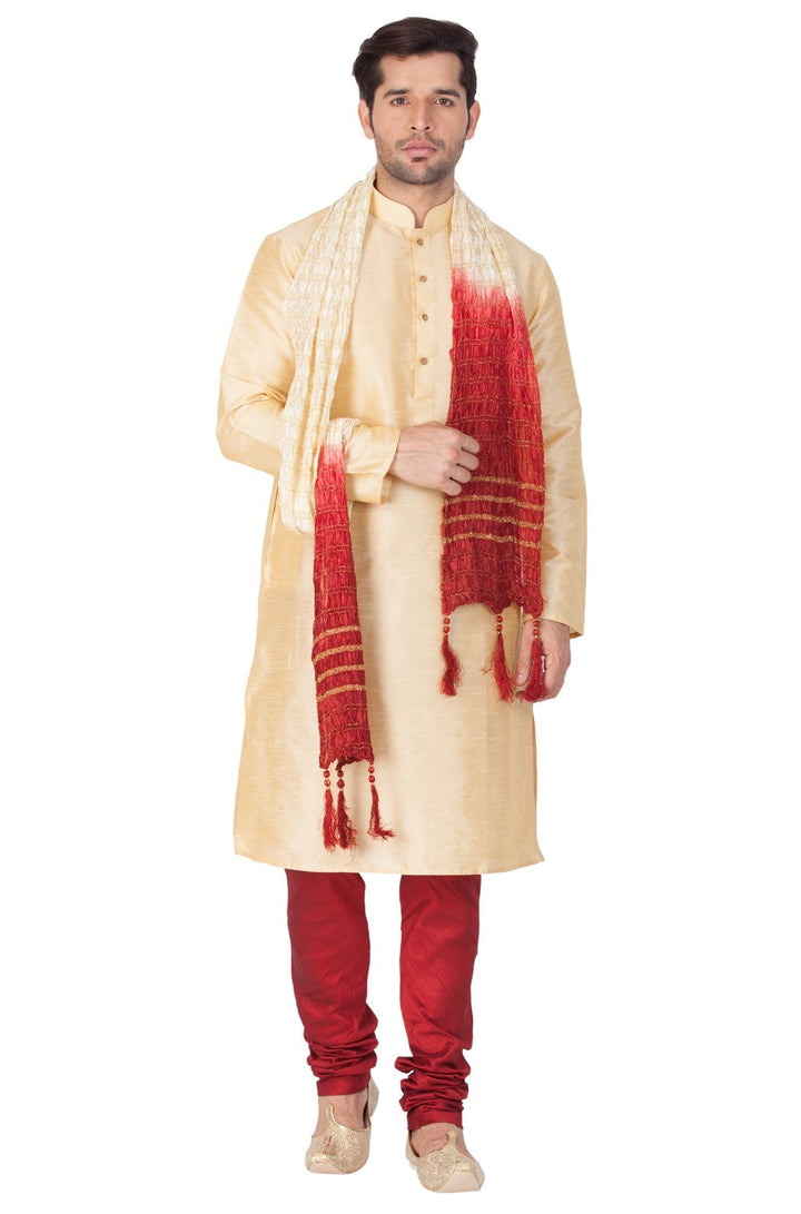 Sarvati Men's Gold Cotton Silk Blend Kurta, Pyjama & Dupatta Set