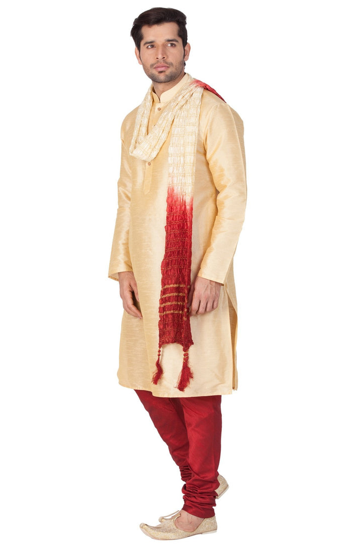 Sarvati Men's Gold Cotton Silk Blend Kurta, Pyjama & Dupatta Set