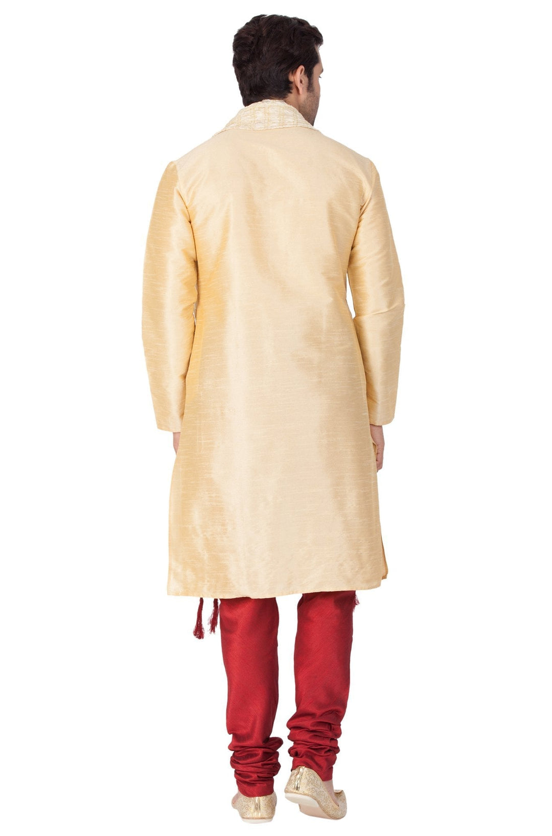 Sarvati Men's Gold Cotton Silk Blend Kurta, Pyjama & Dupatta Set