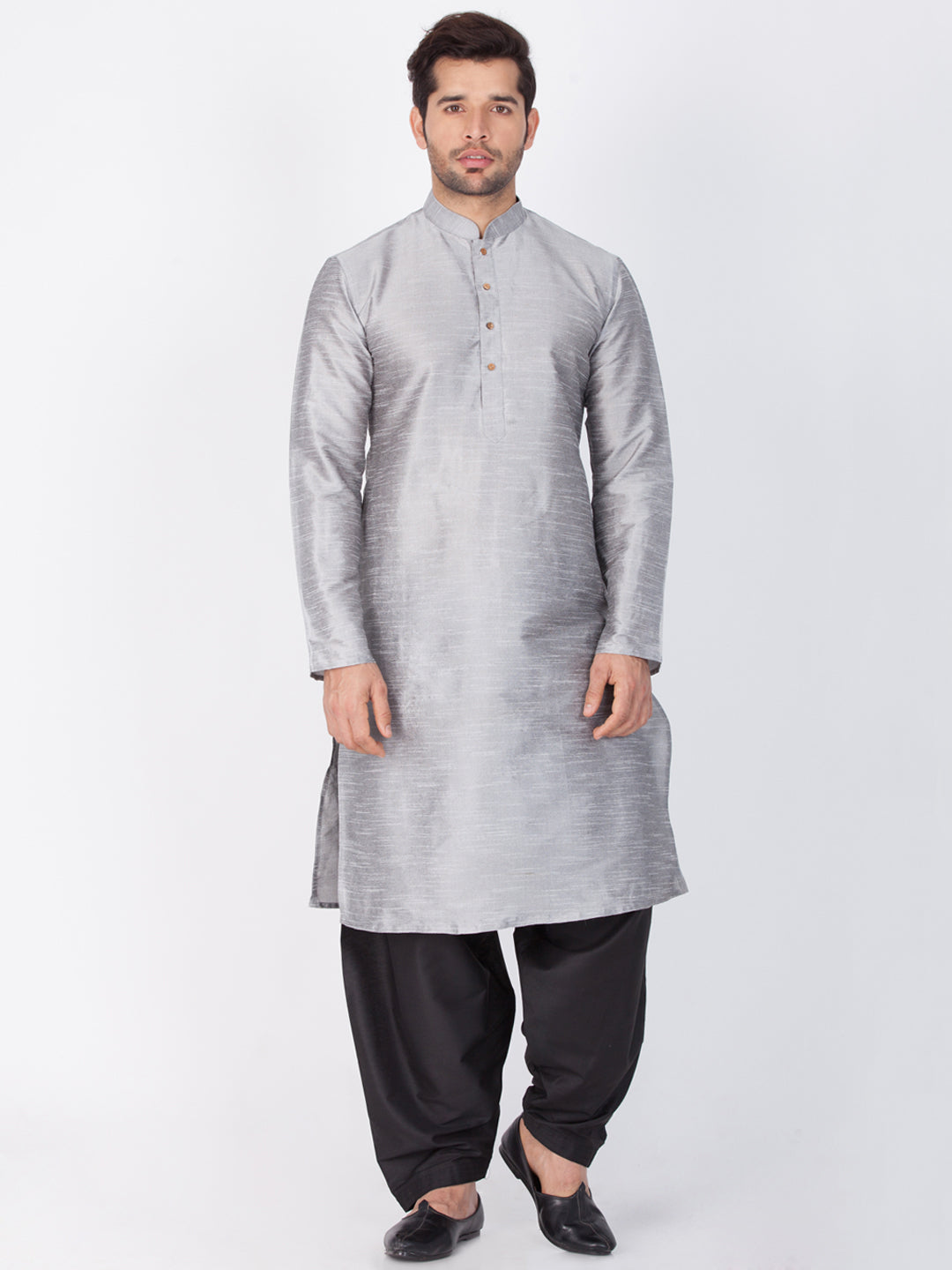 Sarvati Men's Grey Cotton Silk Blend Kurta and Dhoti Pant Set