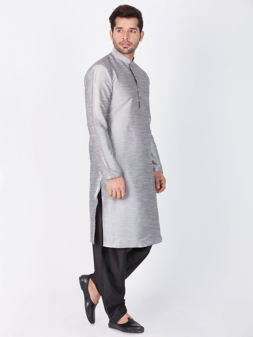 Sarvati Men's Grey Cotton Silk Blend Kurta and Dhoti Pant Set