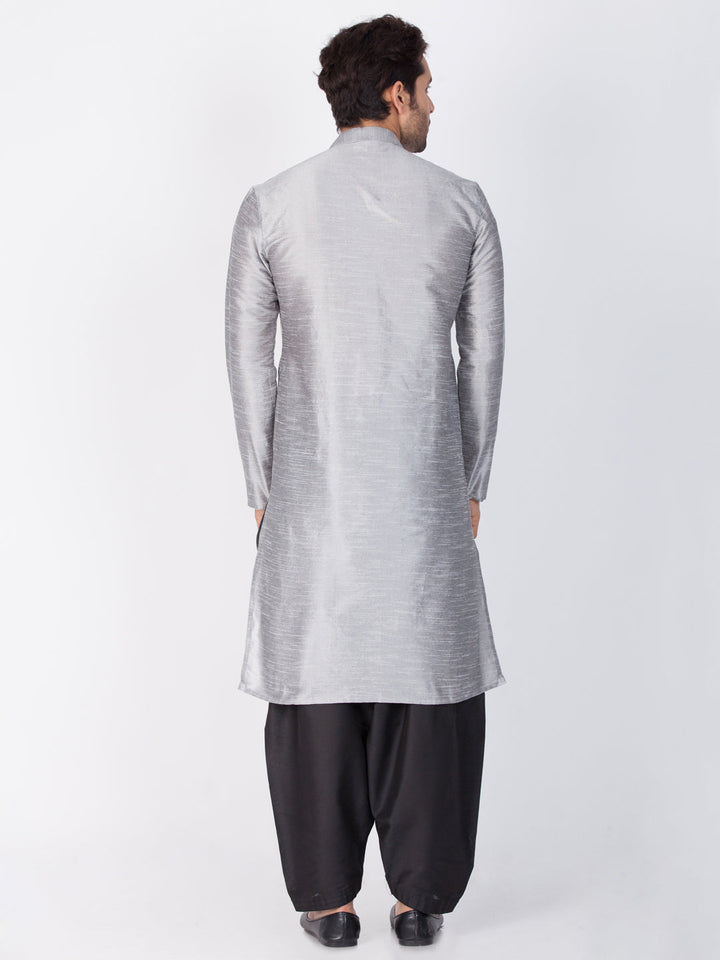 Sarvati Men's Grey Cotton Silk Blend Kurta and Dhoti Pant Set