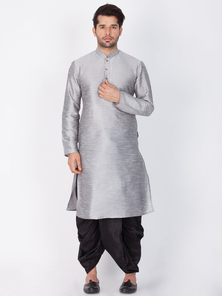 Sarvati Men's Grey Cotton Silk Blend Kurta and Dhoti Pant Set