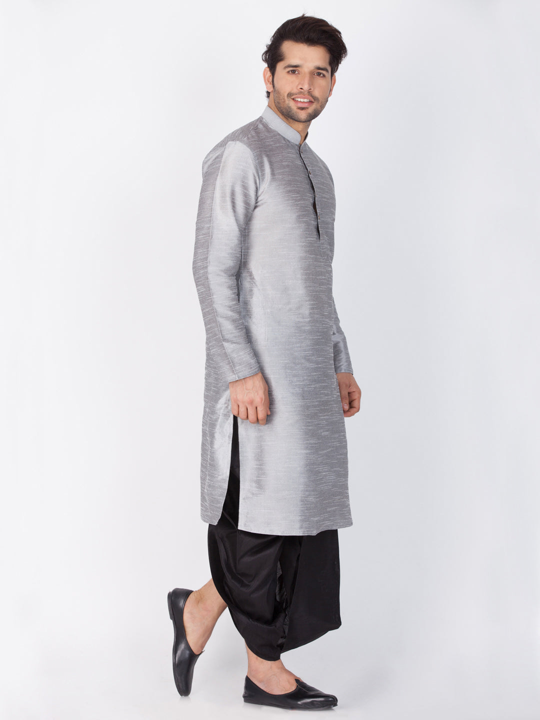 Sarvati Men's Grey Cotton Silk Blend Kurta and Dhoti Pant Set