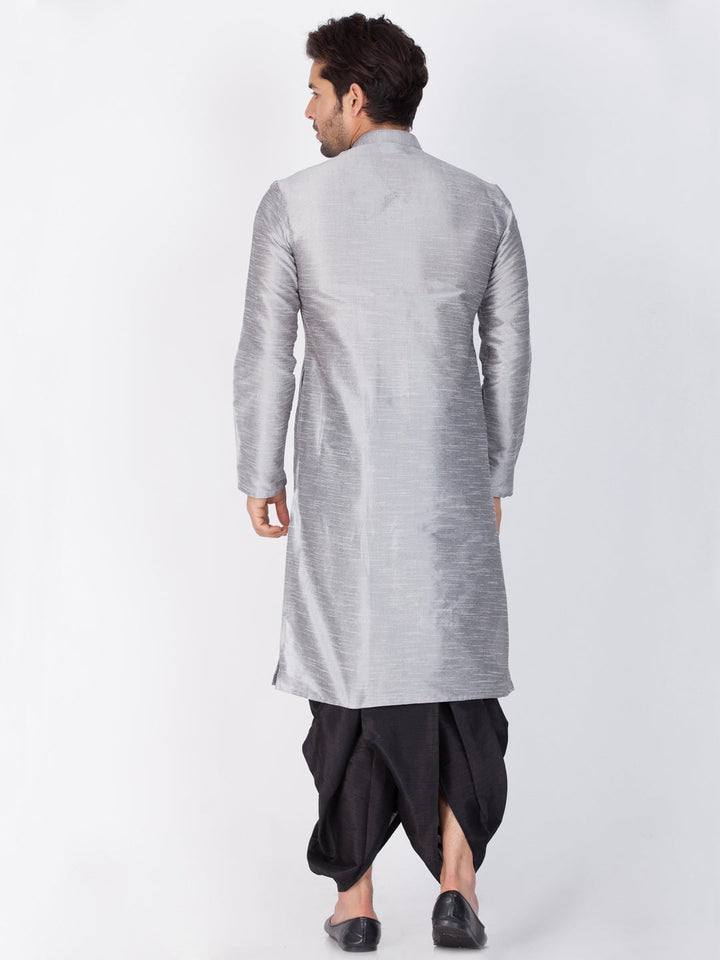 Sarvati Men's Grey Cotton Silk Blend Kurta and Dhoti Pant Set