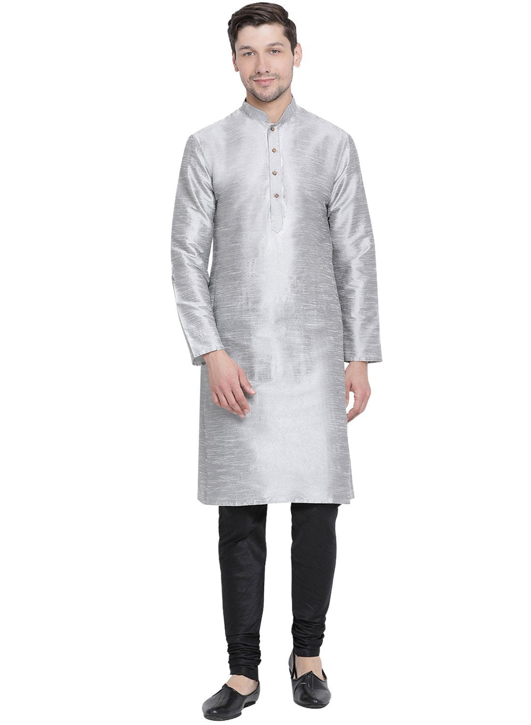 Sarvati Men's Grey Cotton Silk Blend Kurta and Pyjama Set