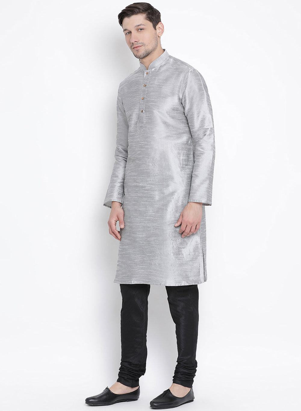 Sarvati Men's Grey Cotton Silk Blend Kurta and Pyjama Set