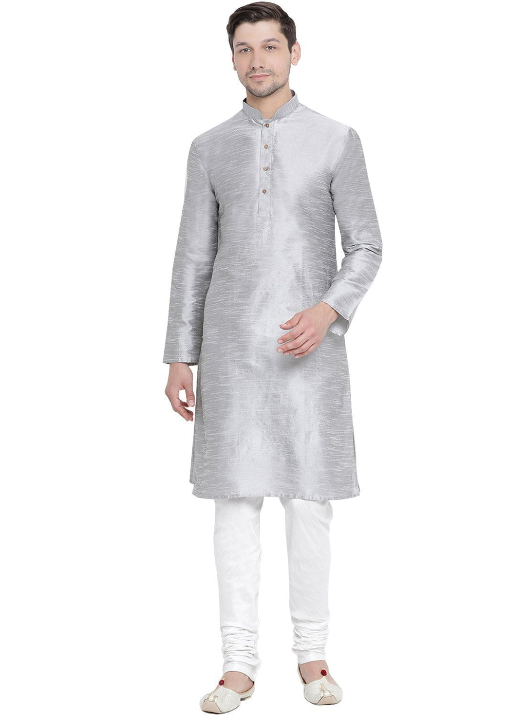 Sarvati Men's Grey Cotton Silk Blend Kurta and Pyjama Set