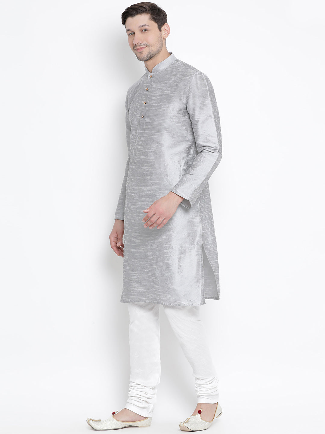 Sarvati Men's Grey Cotton Silk Blend Kurta and Pyjama Set