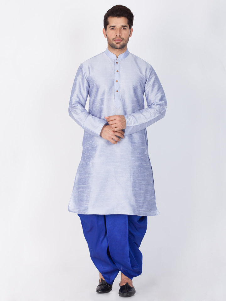 Sarvati Men's Light Blue Cotton Silk Blend Kurta and Dhoti Pant Set