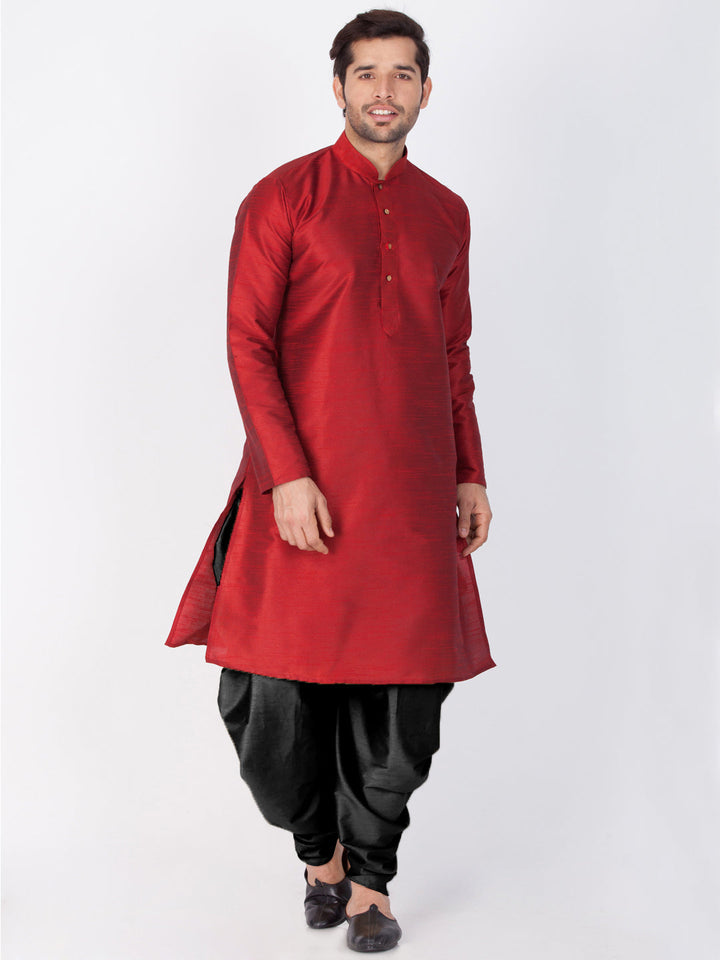 Sarvati Men's Maroon Cotton Silk Blend Kurta and Dhoti Pant Set