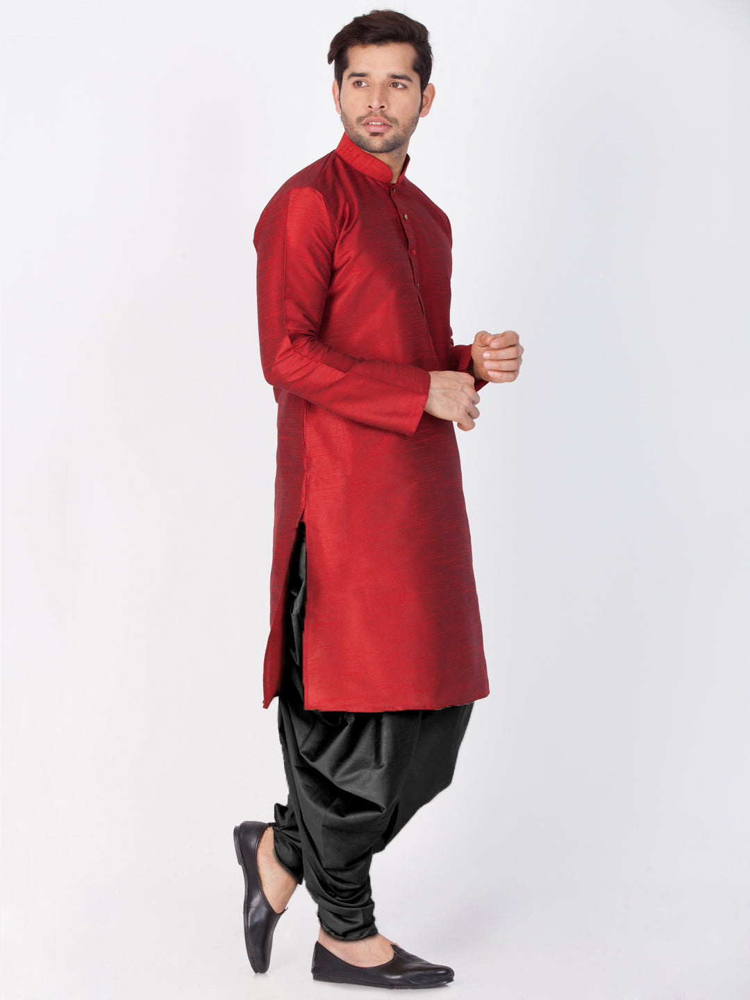 Sarvati Men's Maroon Cotton Silk Blend Kurta and Dhoti Pant Set