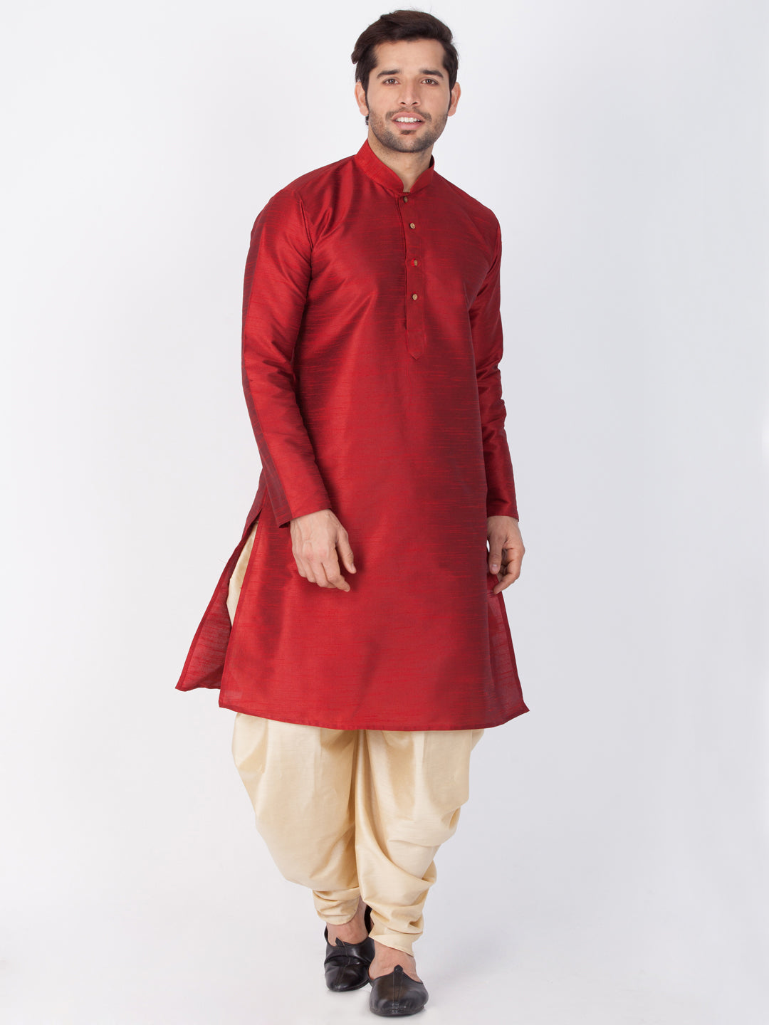 Sarvati Men's Maroon Cotton Silk Blend Kurta and Dhoti Pant Set