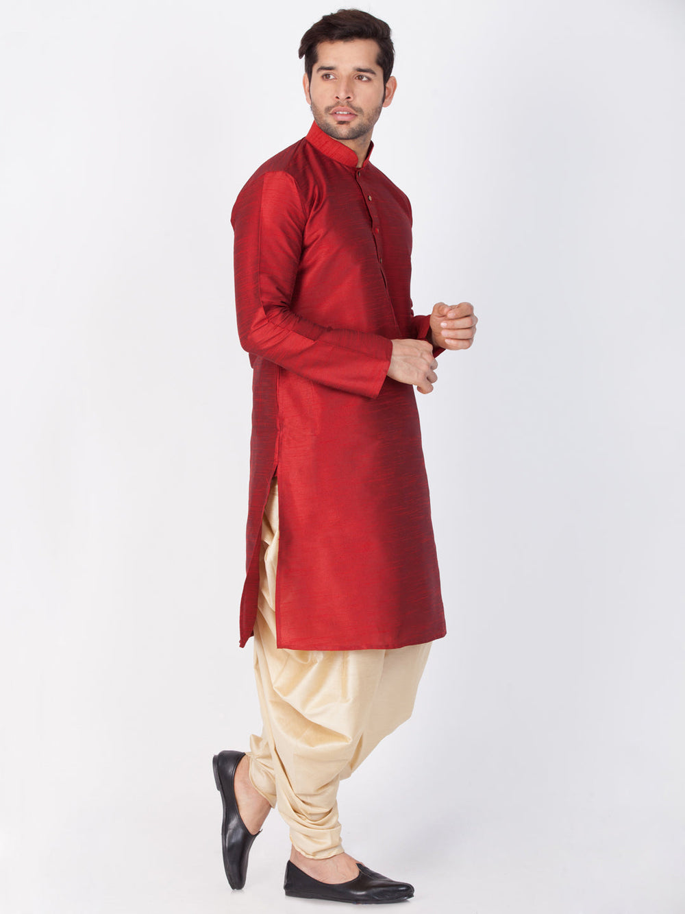 Sarvati Men's Maroon Cotton Silk Blend Kurta and Dhoti Pant Set