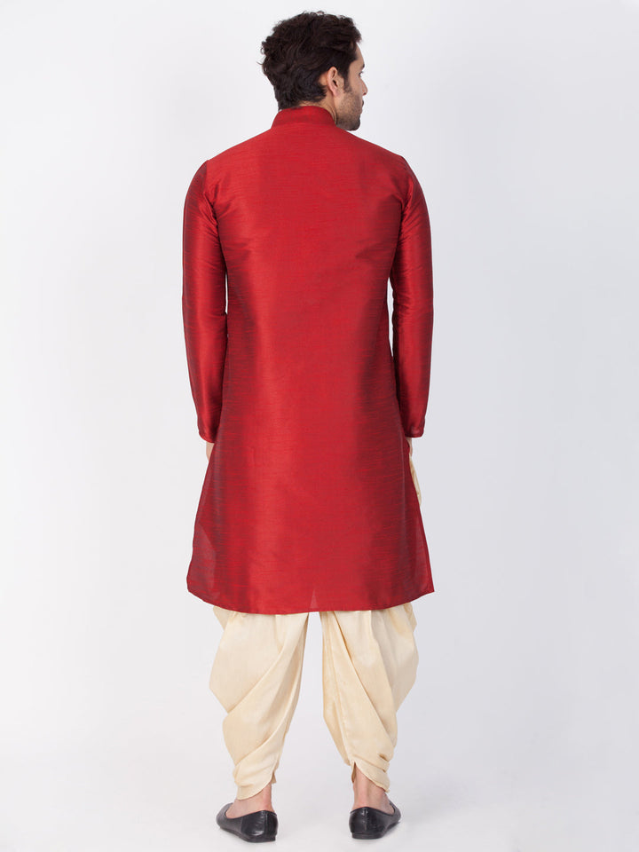 Sarvati Men's Maroon Cotton Silk Blend Kurta and Dhoti Pant Set