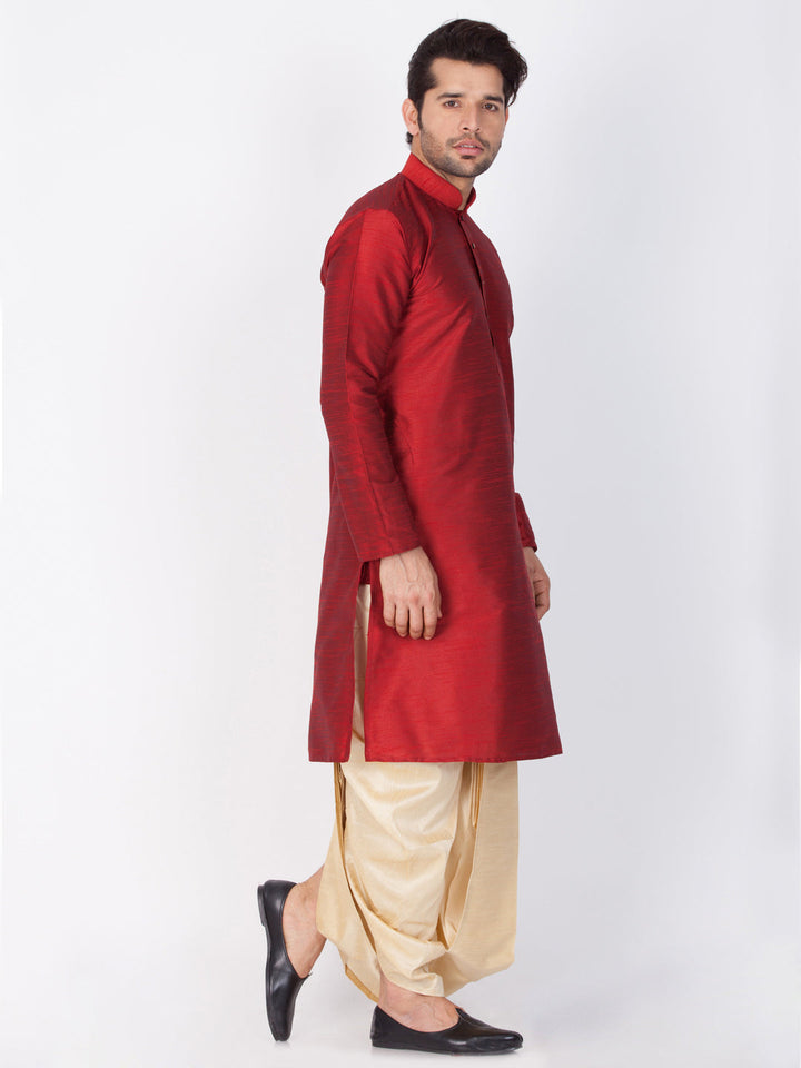 Sarvati Men's Maroon Cotton Silk Blend Kurta and Dhoti Pant Set