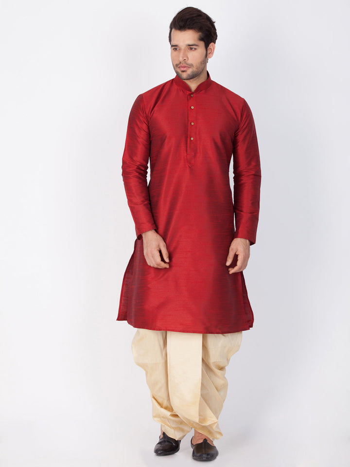 Sarvati Men's Maroon Cotton Silk Blend Kurta and Dhoti Pant Set